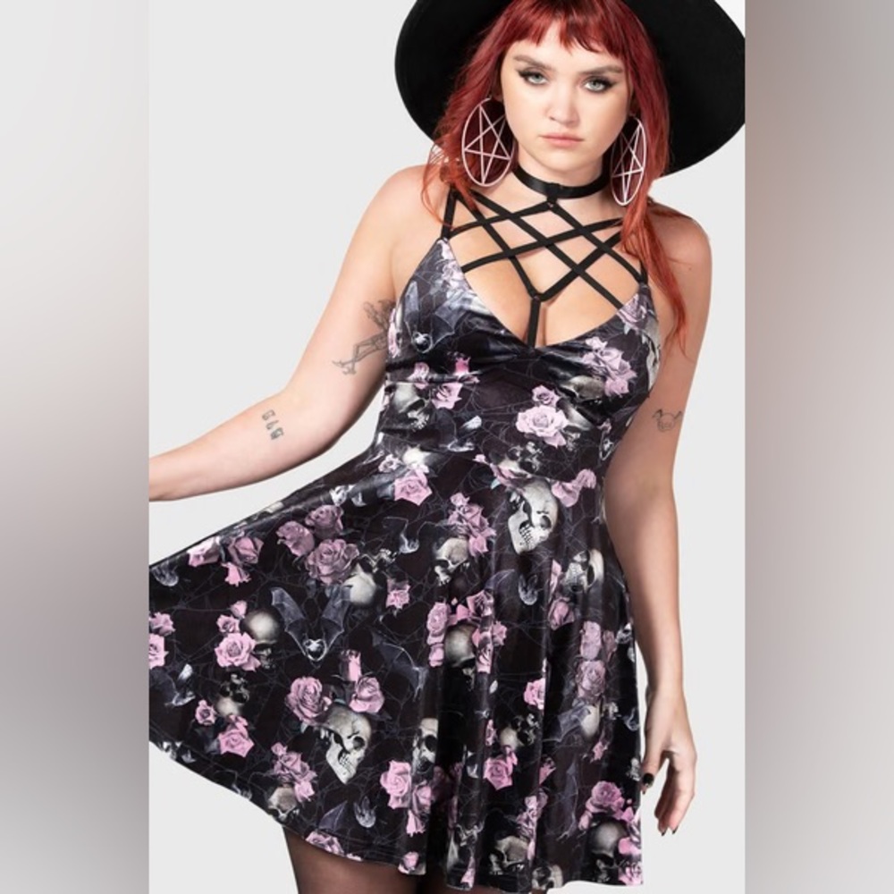 Killstar Gothic Emo Alternative Floral Strappy Mini Dress with Attached Choker